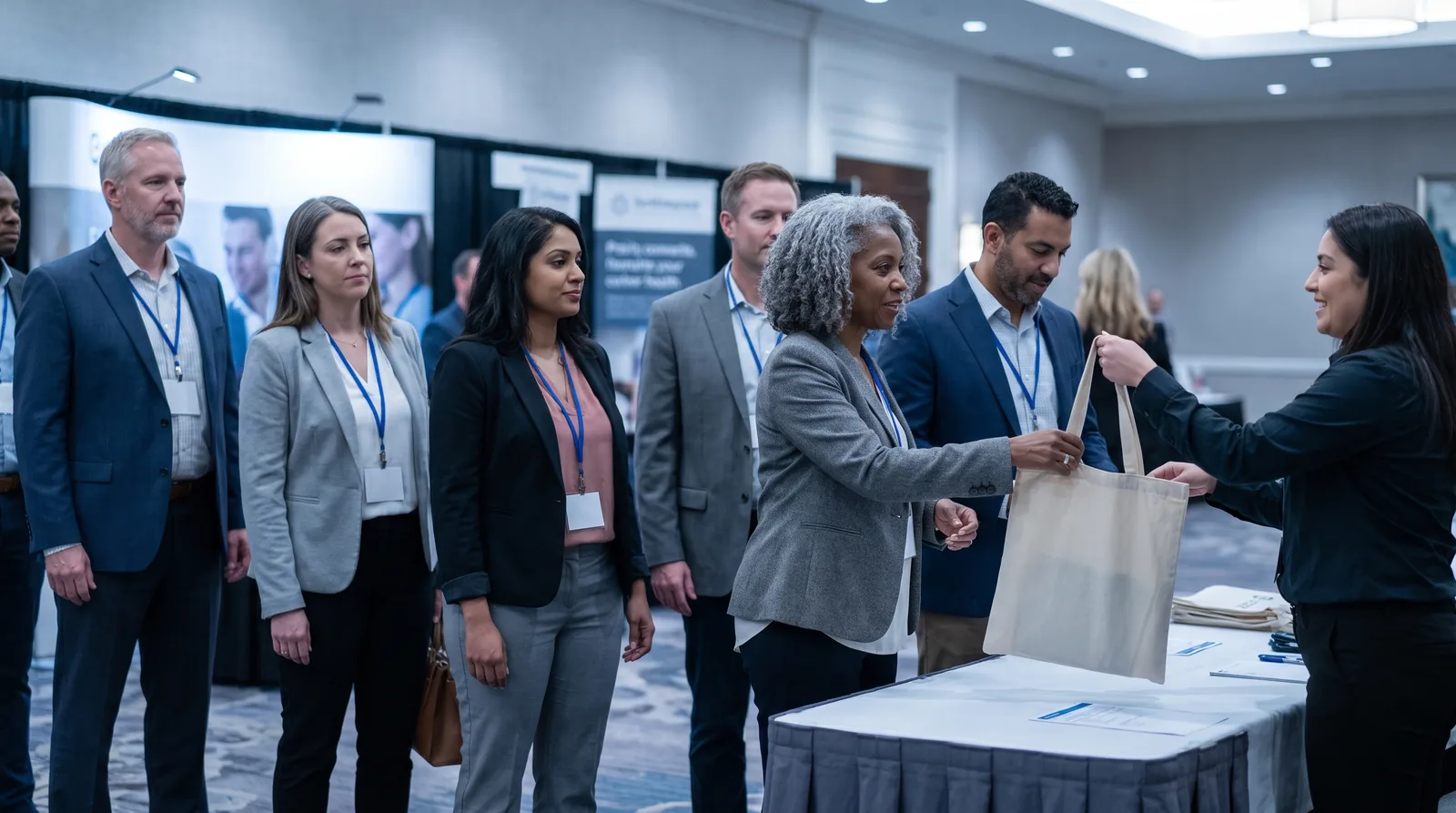 Attendees checking in at a trade association annual conference registration desk