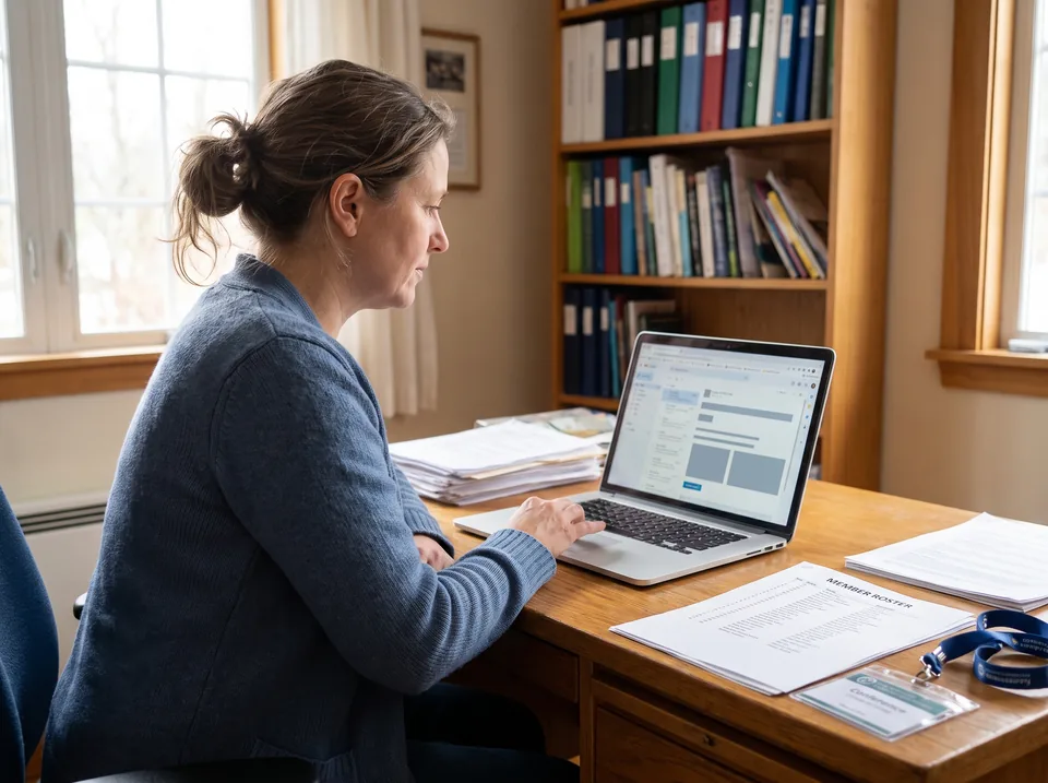 Membership director at a professional association reviewing a renewal email campaign on a laptop