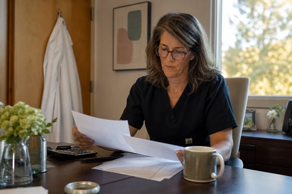 Dermatology practice owner comparing marketing agency proposals with a calculator in her office