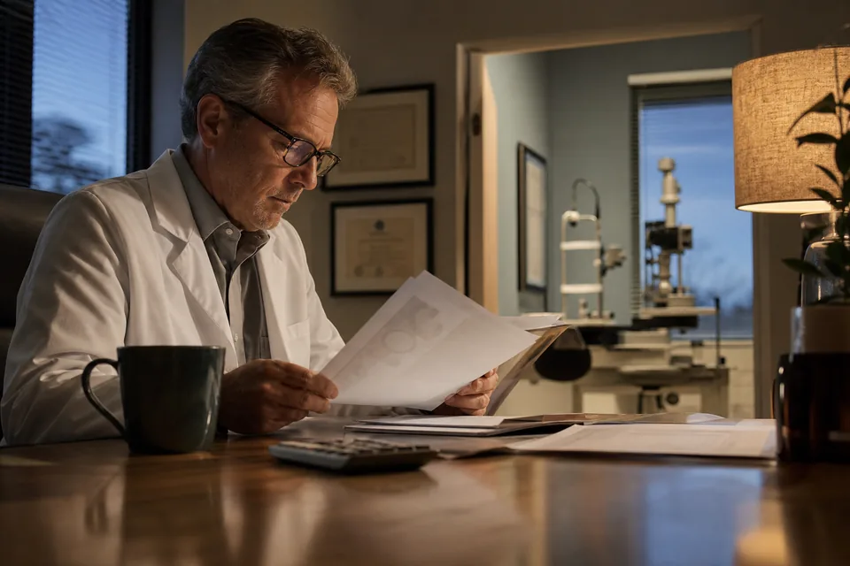 Optometrist reading a marketing agency proposal at his desk after clinic hours