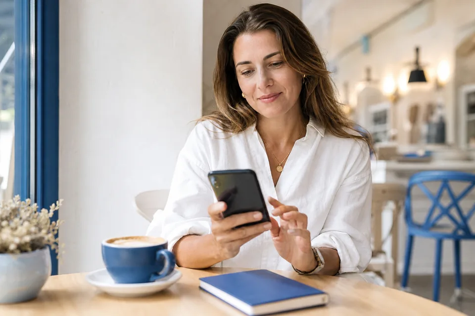 Business owner approving a post on her phone at a cafe table