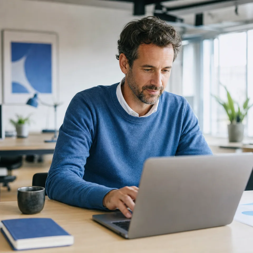 Marketing manager reviewing campaign drafts on a laptop in a bright office