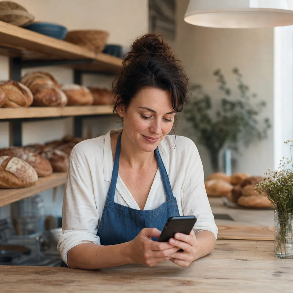 Bakery owner in an apron checking her phone at the shop counter in the morning light