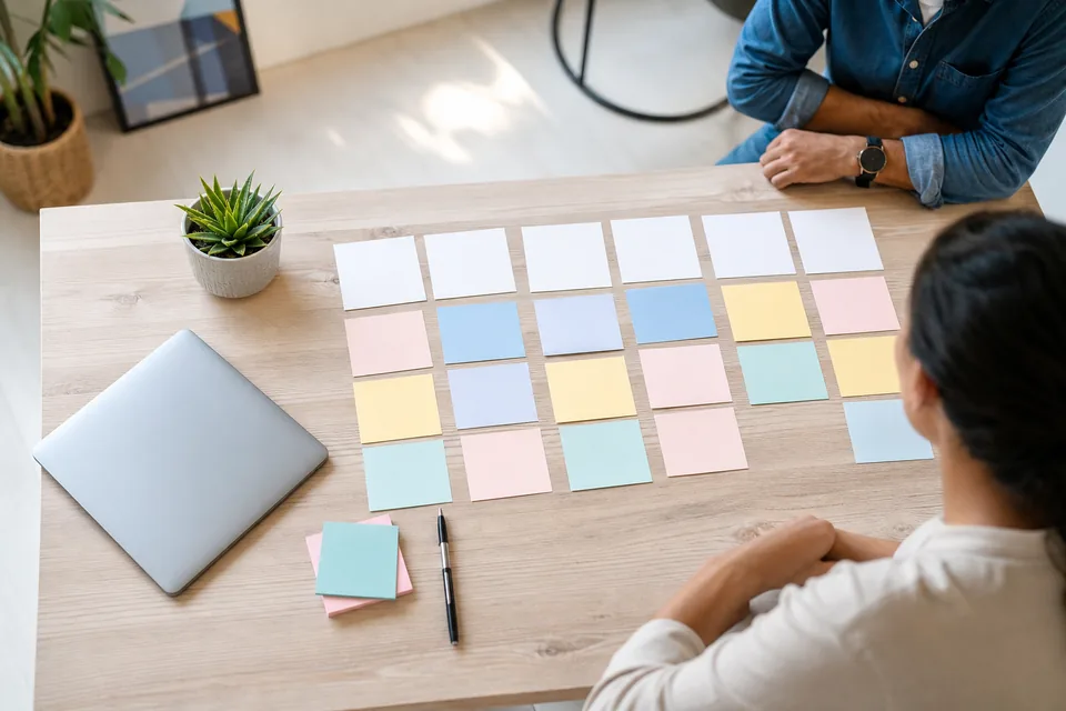 Marketing plan sketched on paper cards and sticky notes beside a laptop on a light desk
