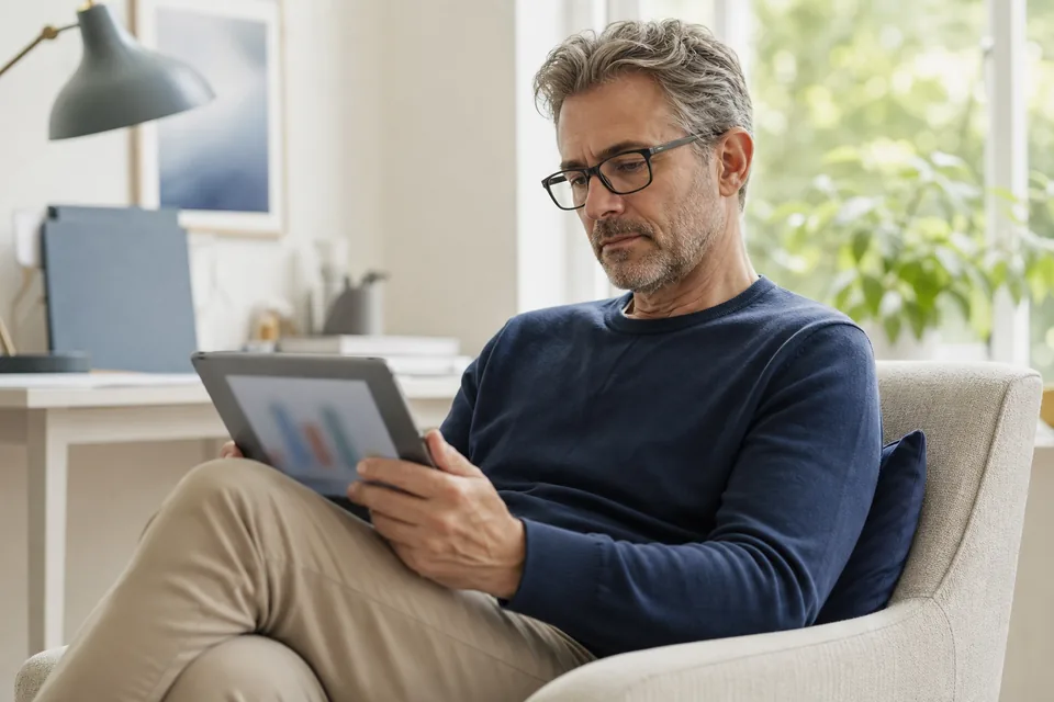 Founder reading a weekly marketing report on a tablet at home office