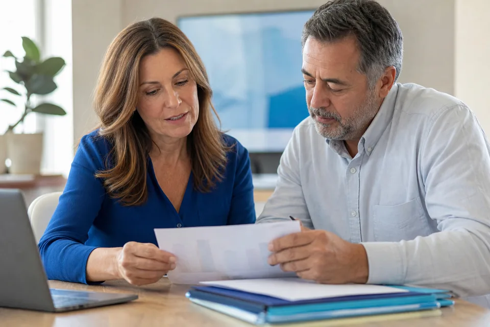 Accountant meeting a small business client at a bright office desk