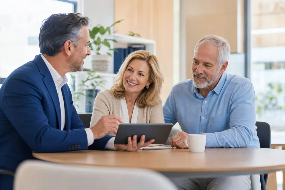 Adviser talking with a retired couple in a bright office
