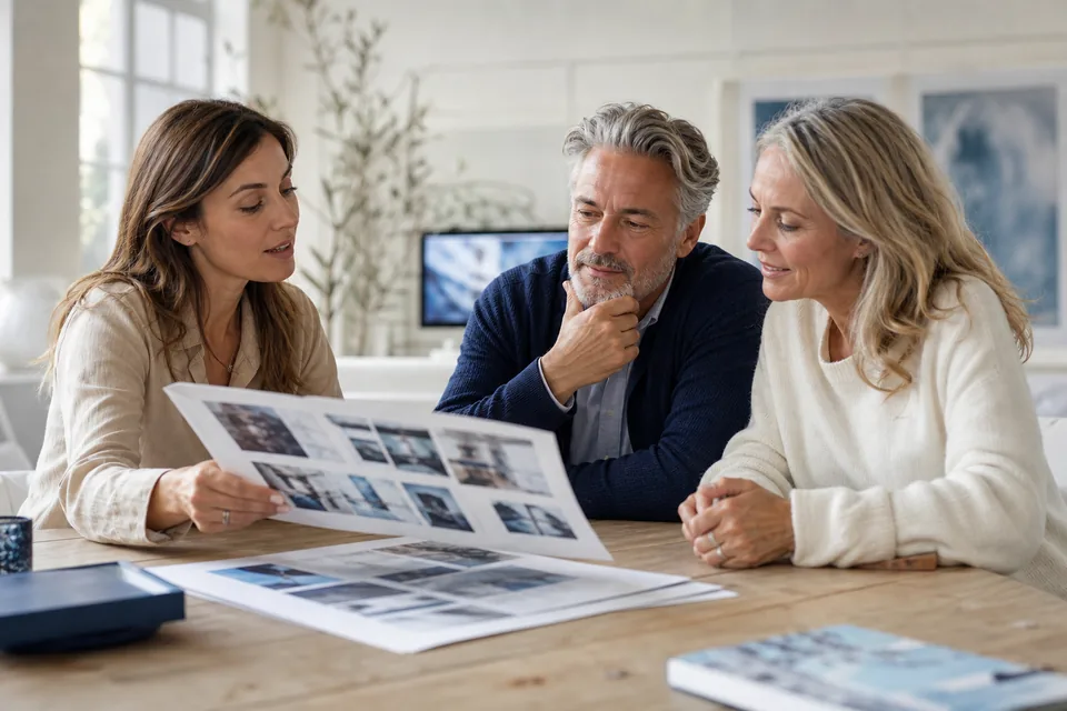 Agency account manager presenting a campaign to a client across a table