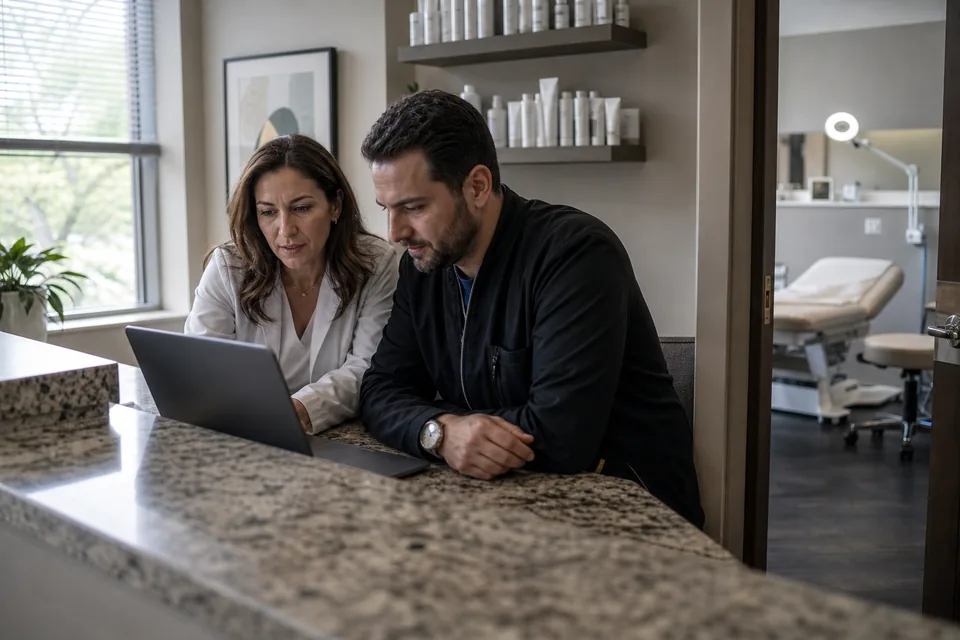 Dermatologist and practice manager reviewing the clinic's patient campaigns on a laptop at the front desk of a skin clinic