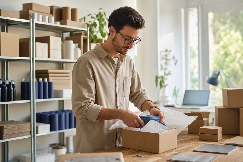 Online store owner packing orders in a bright stockroom