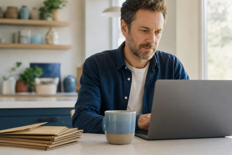 Shop owner writing a customer newsletter on a laptop at a kitchen table