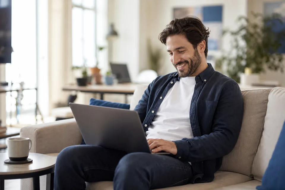Marketer working on a laptop with coffee in a bright studio