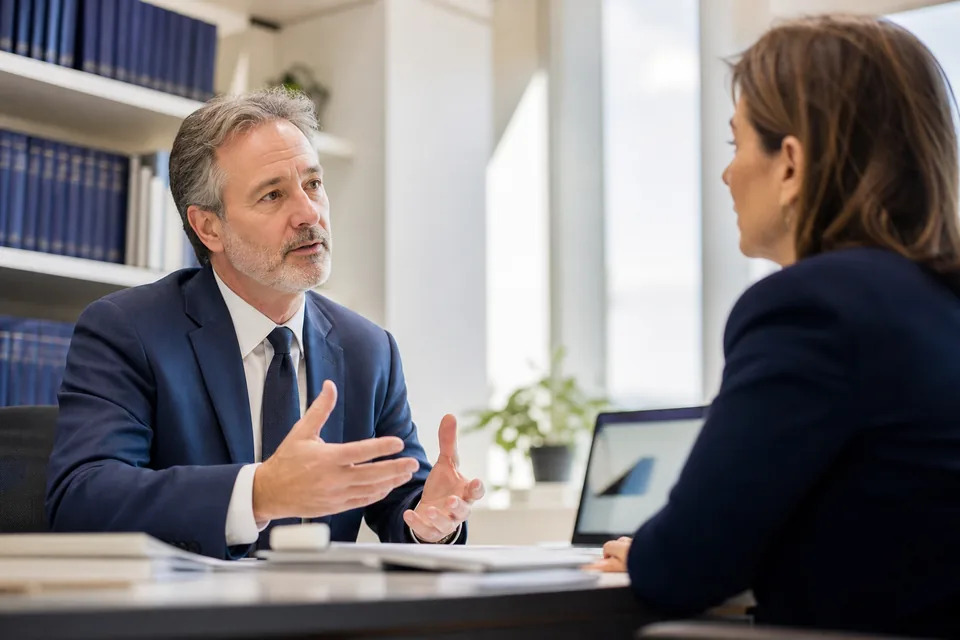 Lawyer meeting a client in a bright law office