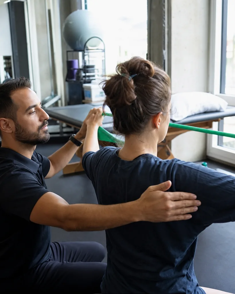 Physical therapist guiding a patient through a shoulder exercise in a bright clinic