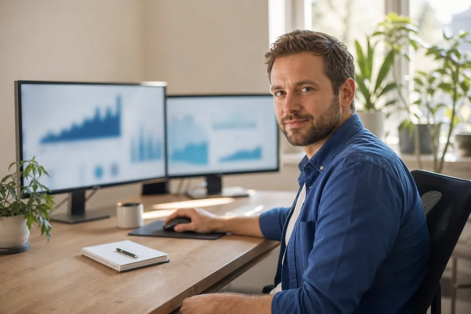 Analyst reviewing search campaign performance on two monitors