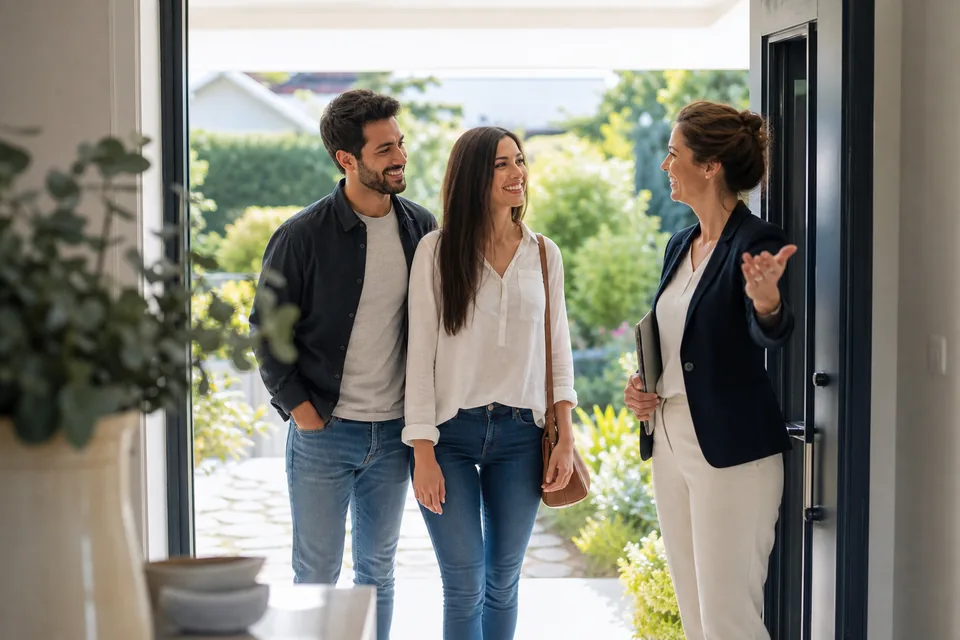 Real estate agent welcoming buyers at the door of a bright house