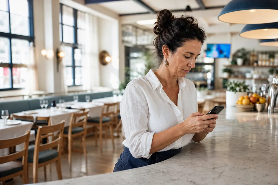 Restaurant owner checking her phone before service