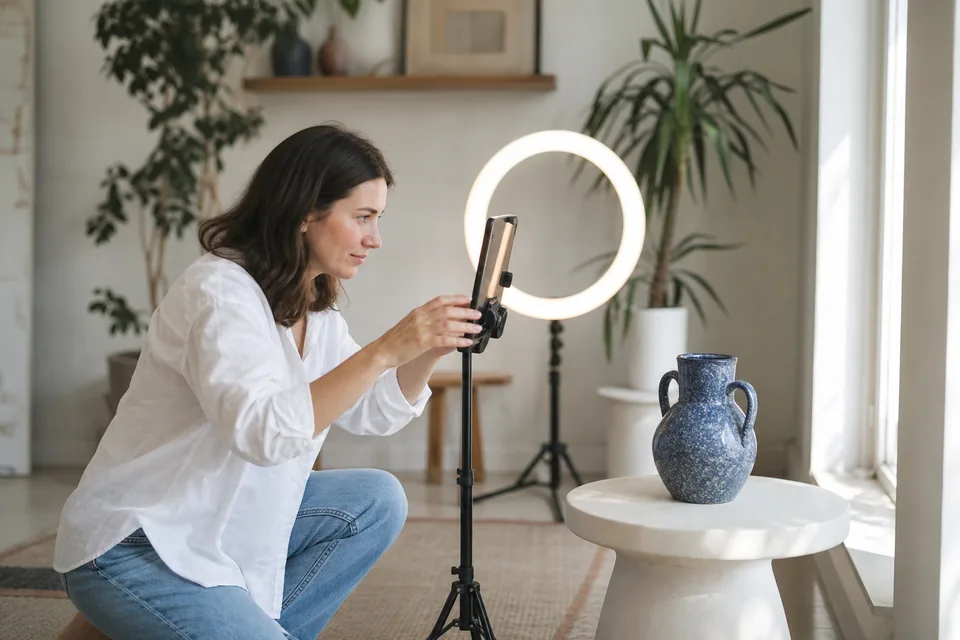 Small business owner photographing a product with a phone on a tripod for social media