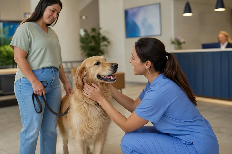 Veterinarian greeting a dog and its owner at a bright clinic reception