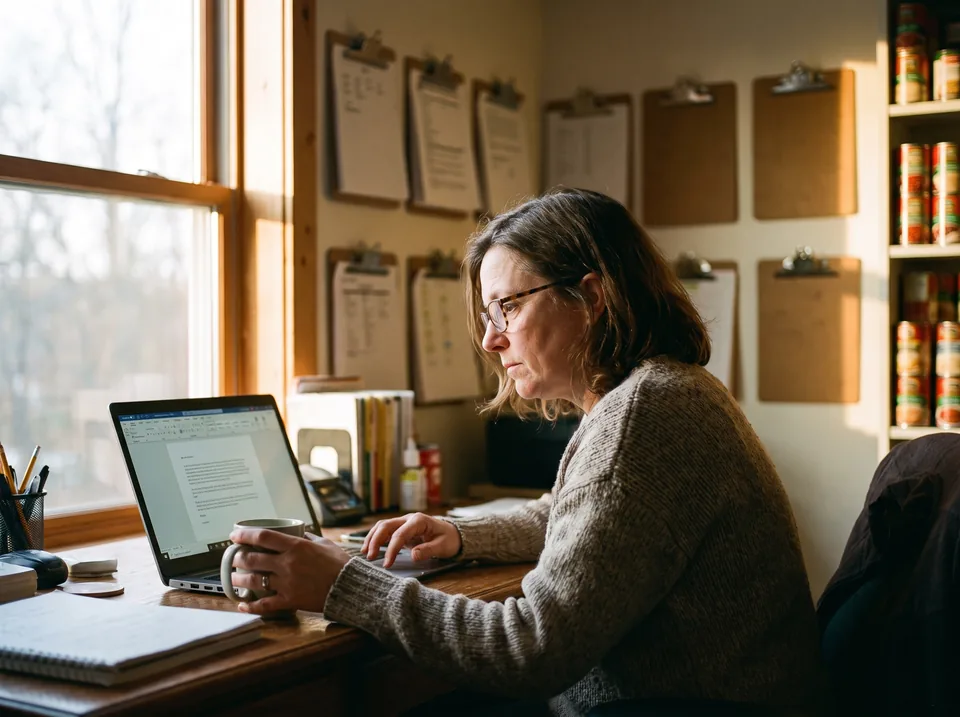 Development director at a small nonprofit reviewing a donor email draft on a laptop